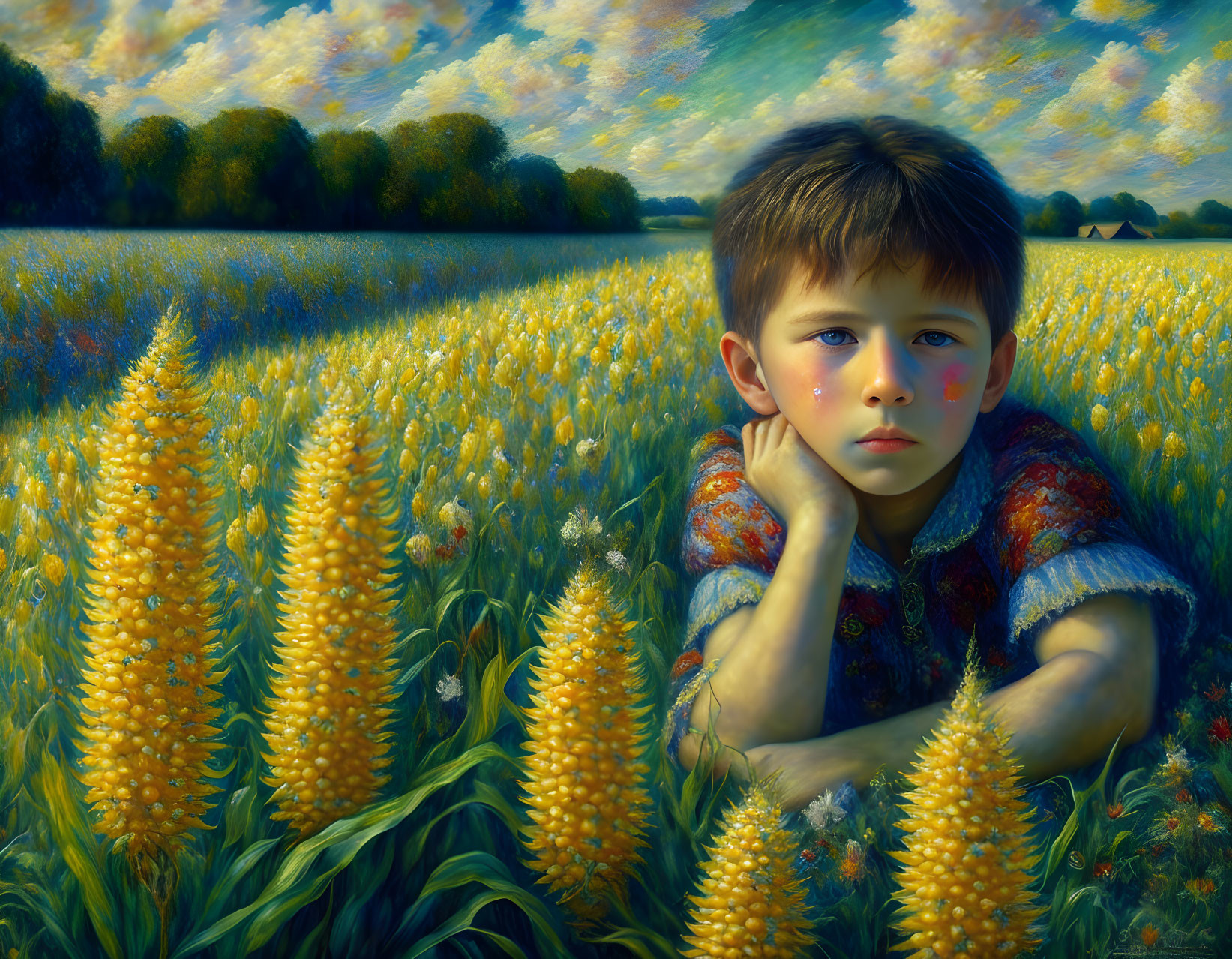 Young boy surrounded by yellow flowers in lush field with trees and blue sky.