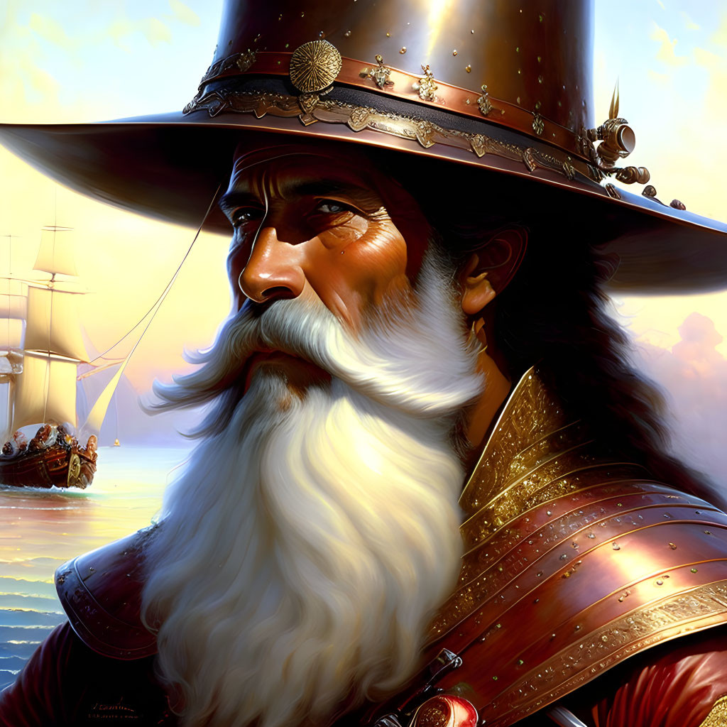 Old sea captain with white beard and metal-brimmed hat, ships and sunset in background