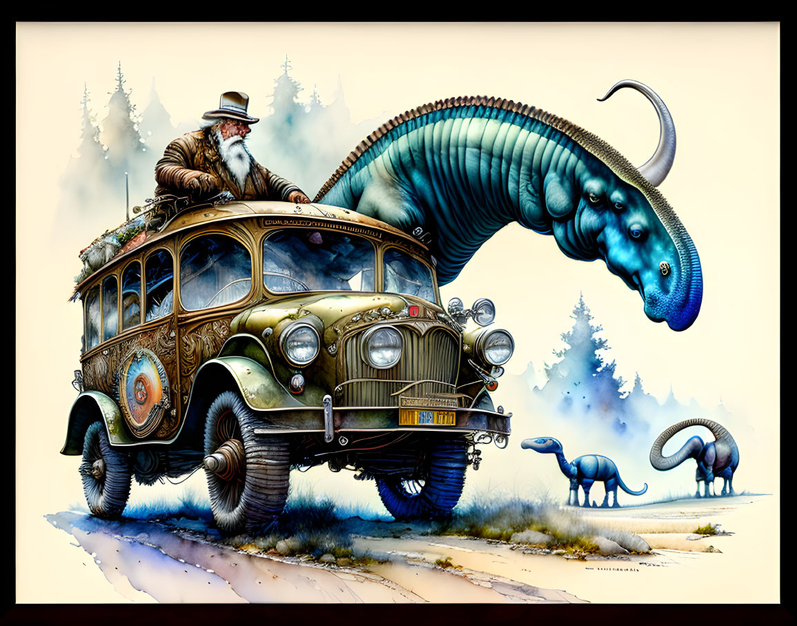 Bearded man on dinosaur-themed bus in serene prehistoric landscape