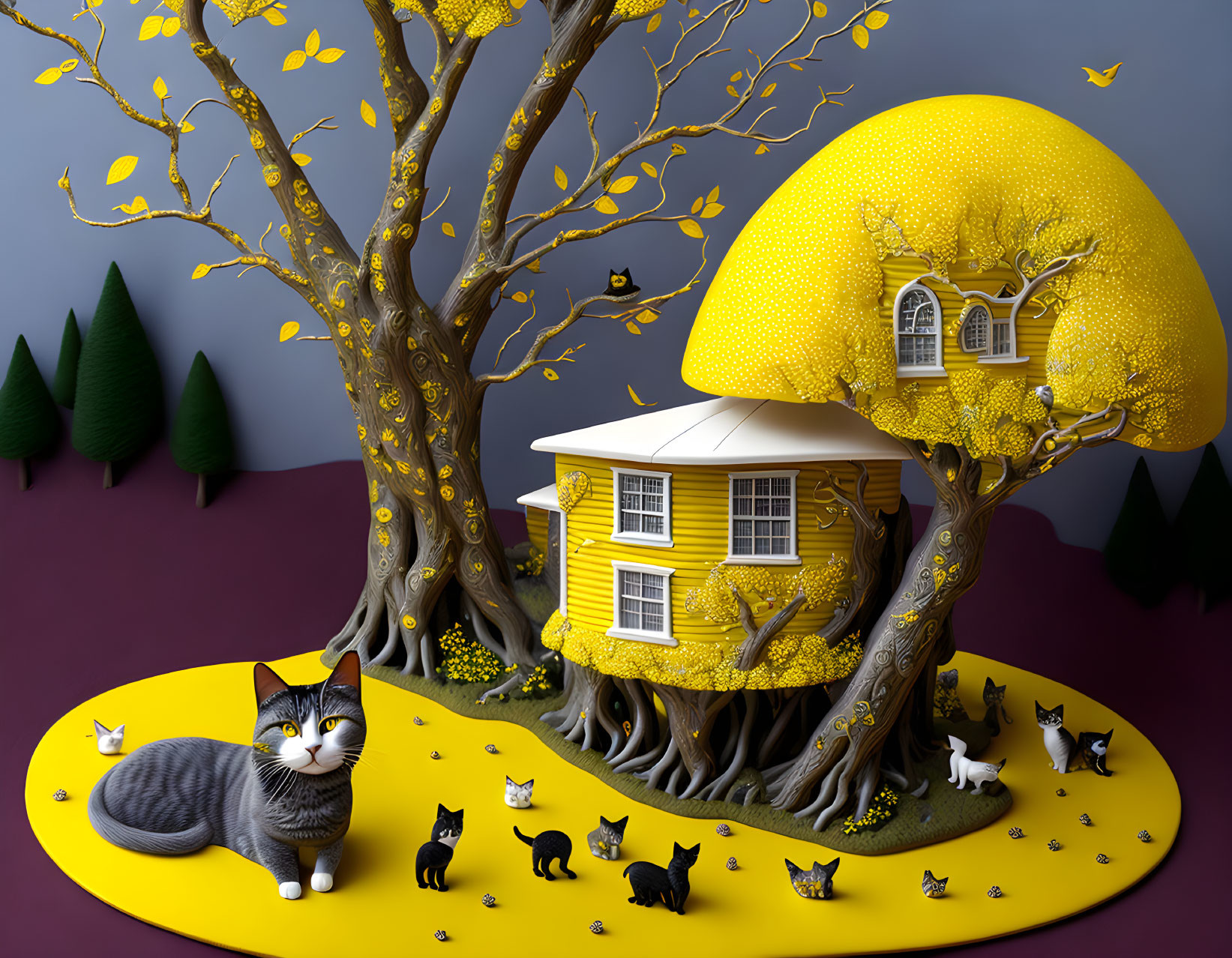 Yellow Treehouse Illustration with Cats and Violet Sky