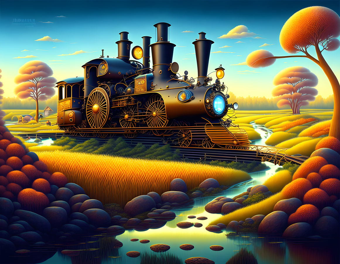 Colorful stylized vintage steam train illustration in fantastical landscape