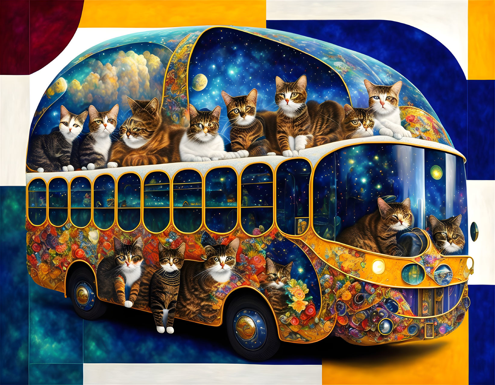 Whimsical bus illustration with cosmos bubble top and cats