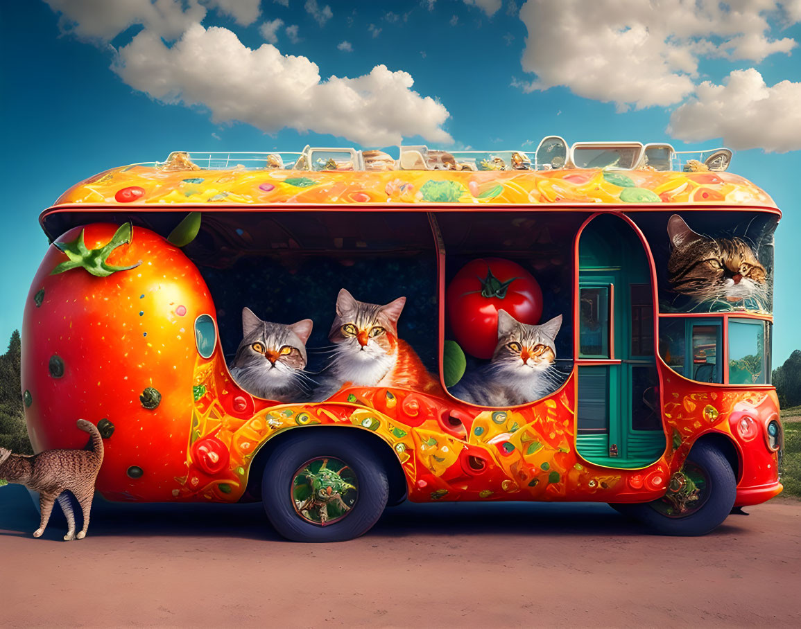 Artistic bus design resembling an orange with cat faces under a vibrant sky