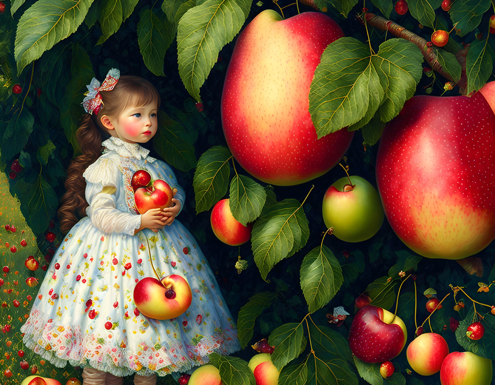 Young girl in dress surrounded by oversized apples and lush foliage