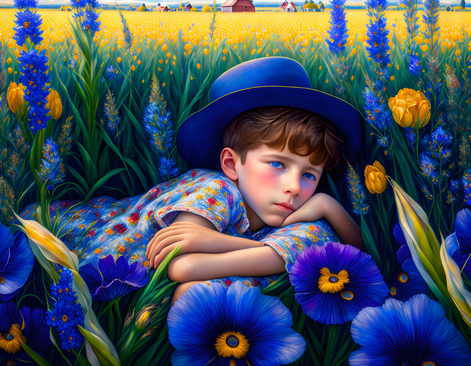 Young boy in blue hat surrounded by vibrant flowers and farmhouse in the distance