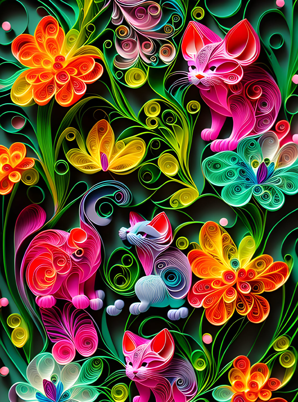 Neon quilling art: Vibrant cats in neon floral swirls