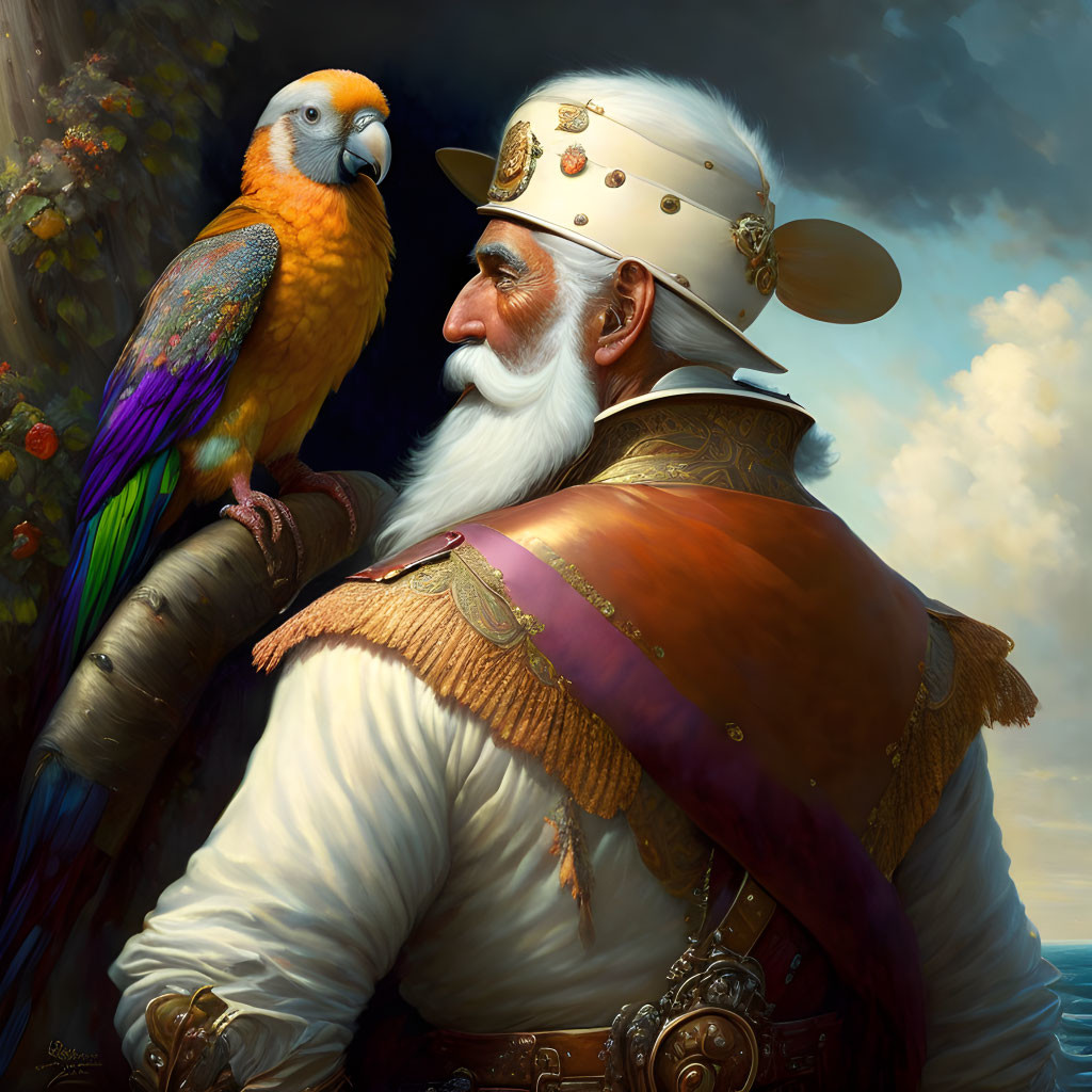 Elderly seafarer with parrot in white helmet and brown coat