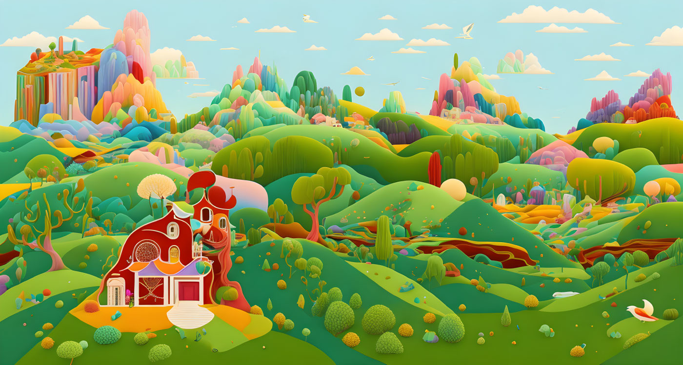 Colorful cartoon landscape with whimsical house and floating islands