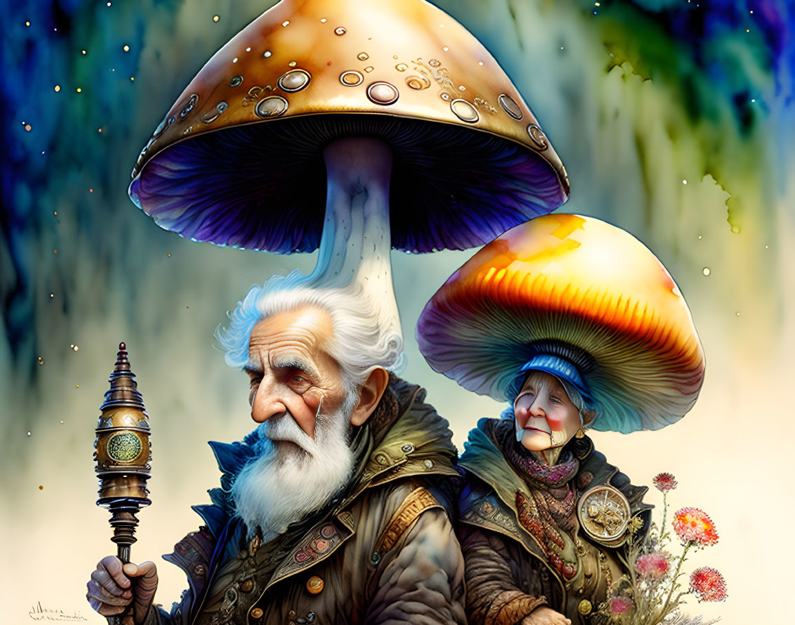 Elderly fantasy couple with mushroom hats in ethereal setting