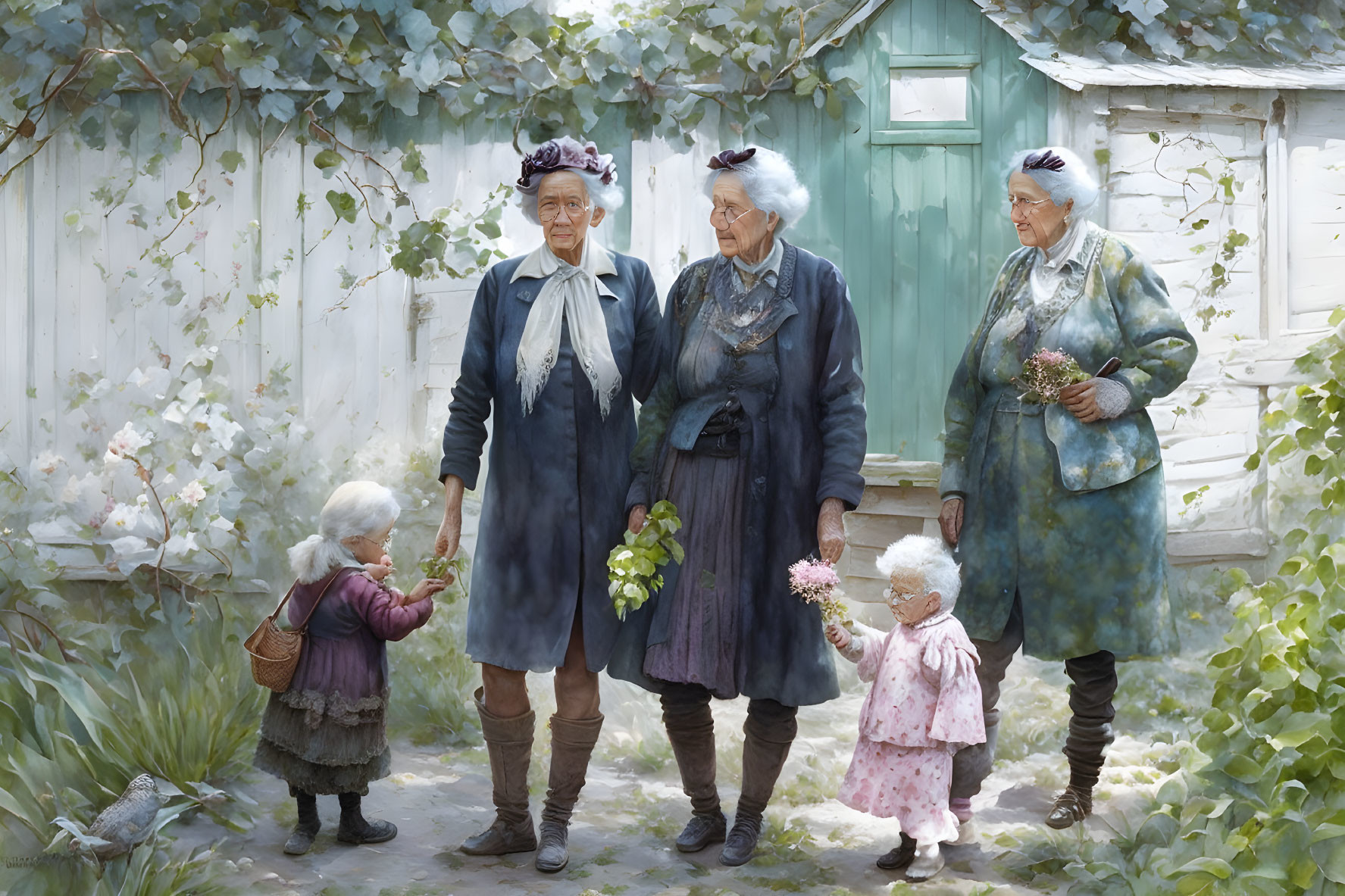 Elderly women and children in vintage attire chatting in garden setting