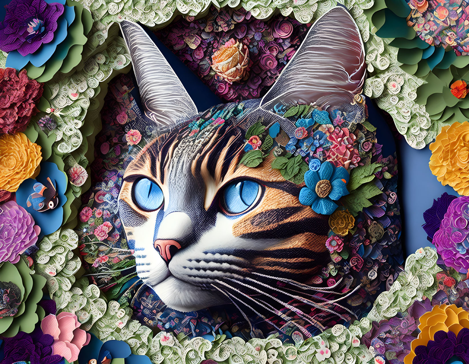 Colorful Floral Collage Surrounding Cat's Face with Blue Eyes