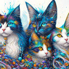 Colorful Cat Illustration with Blue Eyes and Abstract Background