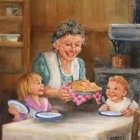 Elderly woman with children in vintage kitchen enjoying berry pie