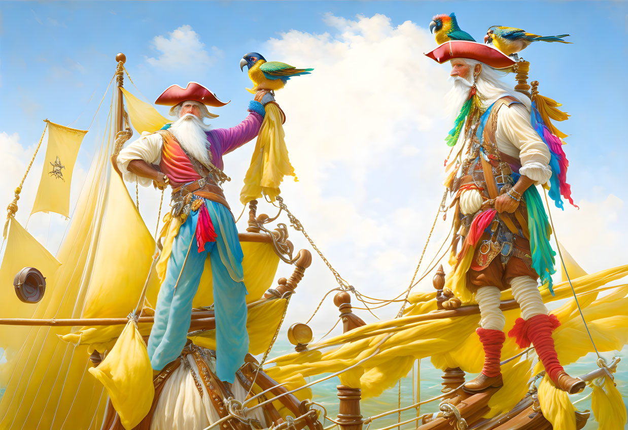 Colorful pirates with parrots on ship deck under blue sky