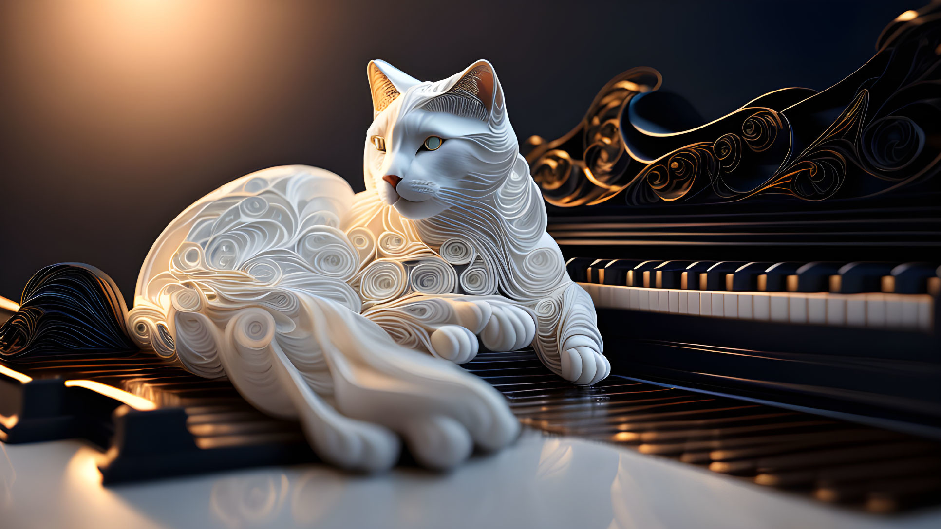 White Ceramic Cat Sculpture on Piano Keys with Swirl Patterns and Soft Lighting