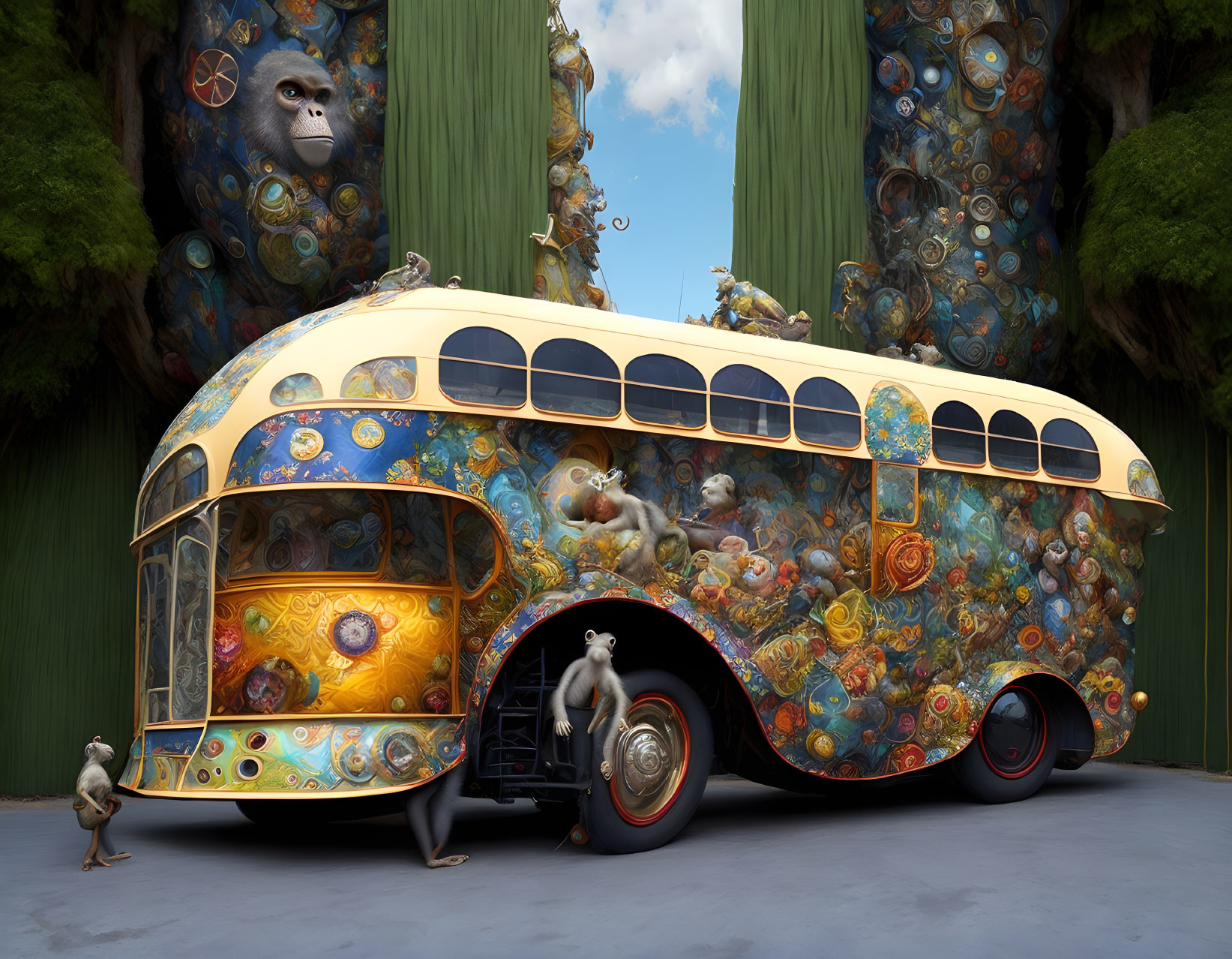 Vibrant painted bus with playful monkeys on green leaf backdrop