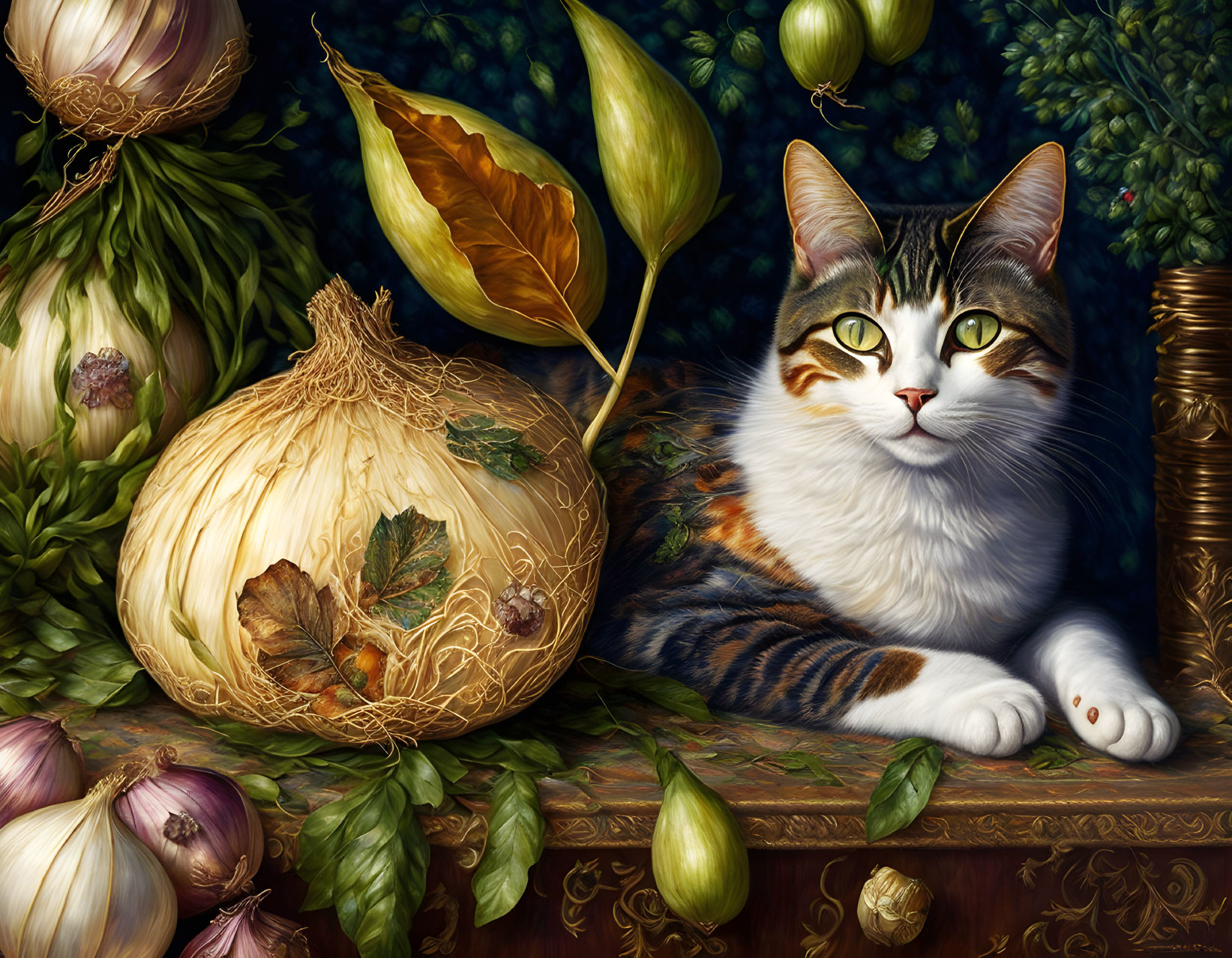 Tabby cat resting near onions and green plants in detailed foliage backdrop