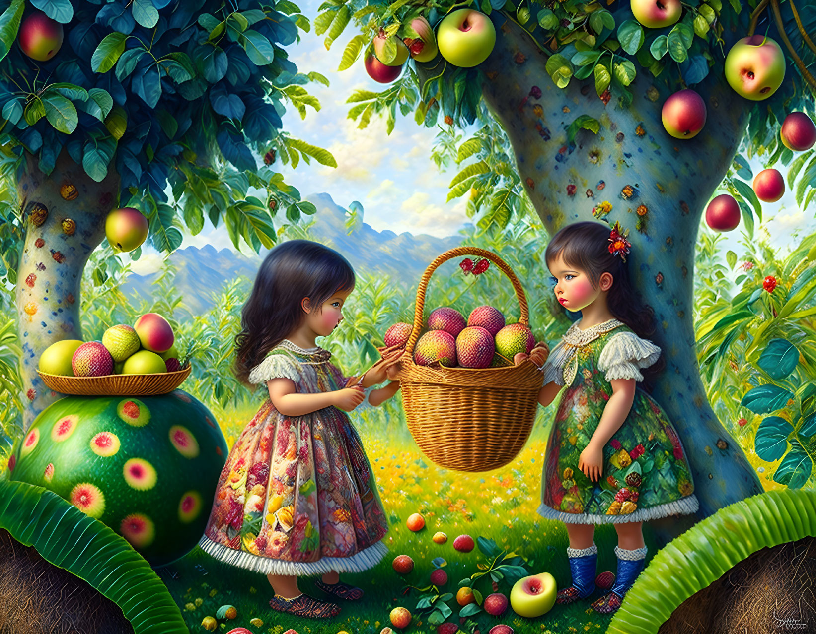 Vibrant orchard scene with two girls collecting oversized apples