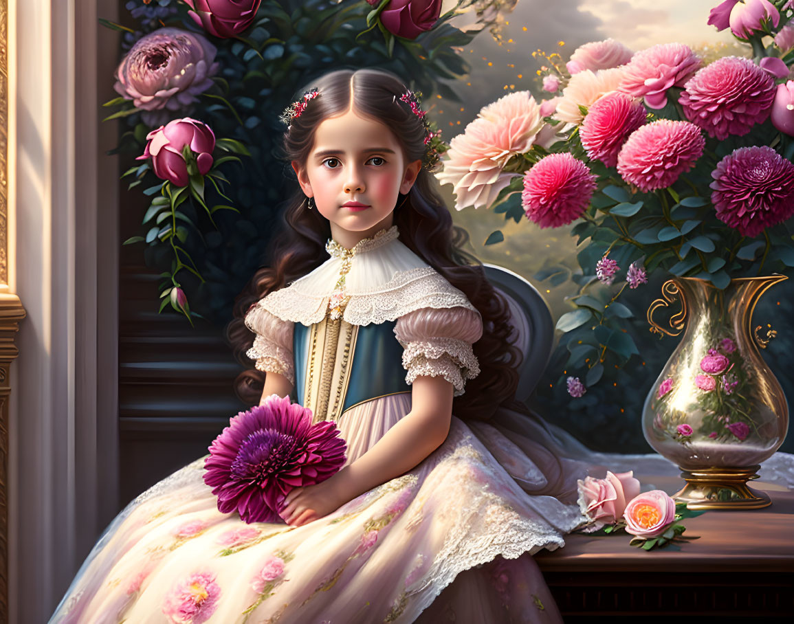 Young girl in vintage dress with flower by window and pink flowers.