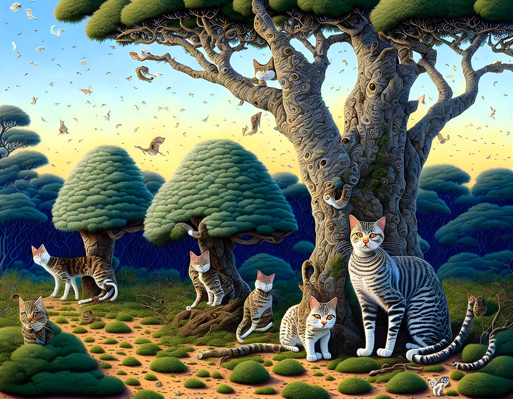 Surreal forest painting with cat-like textures and faces