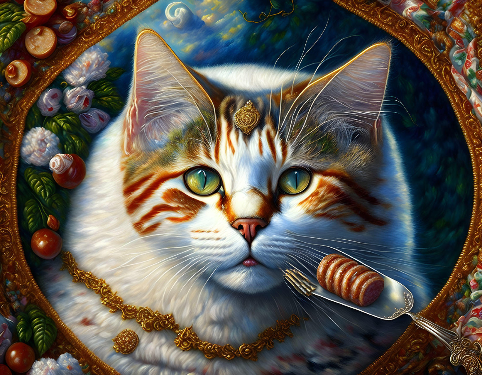 Hyper-realistic Cat Painting with Intricate Patterns and Golden Oval Frame