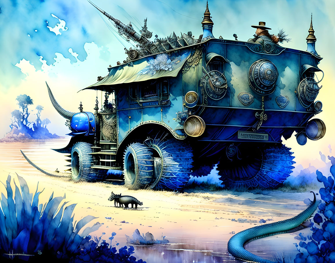 Steampunk-inspired house on wheels in surreal landscape