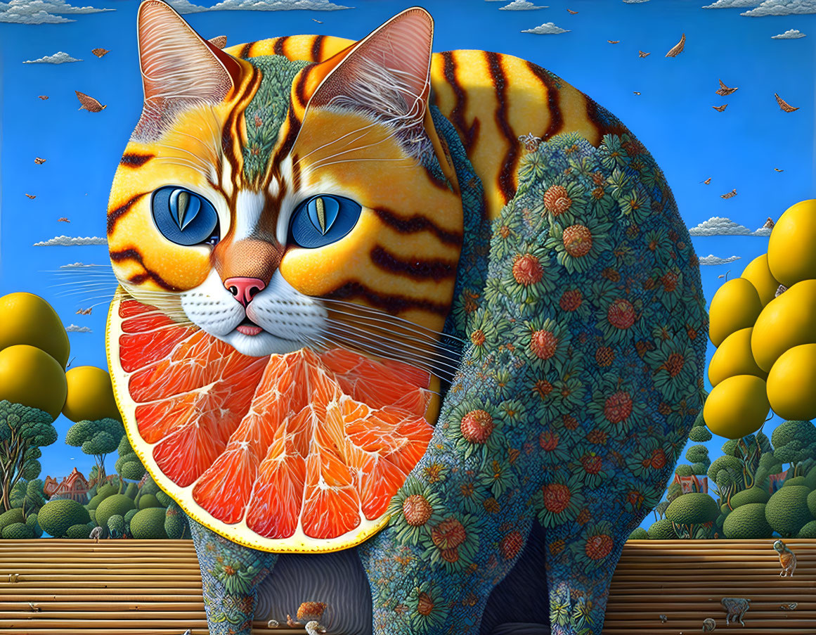 Surreal Cat-Tiger Fusion with Orange Slice in Landscape