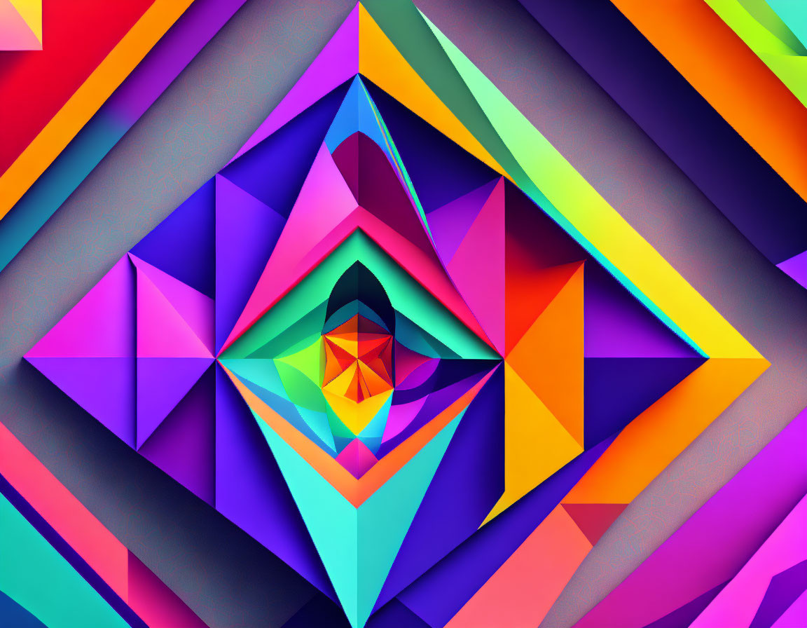 Colorful Abstract Geometric Art with Symmetrical Neon Triangles