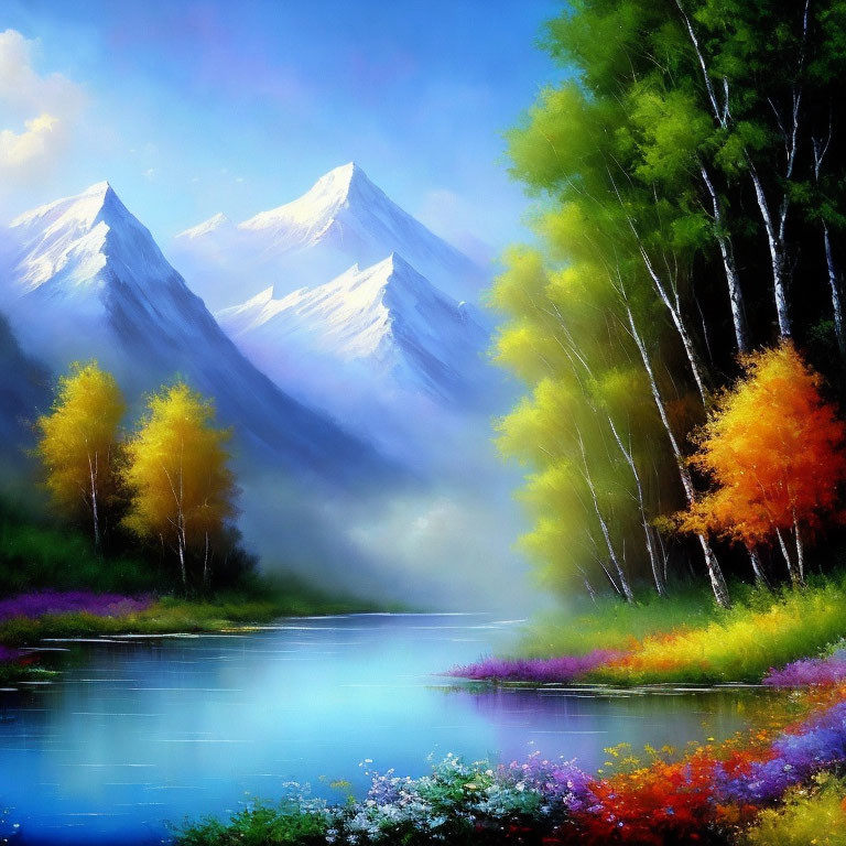 Scenic painting of snow-capped mountains, lake, and colorful foliage