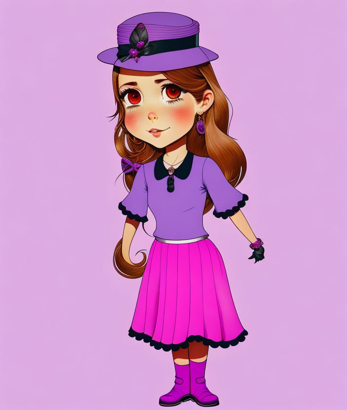 Detailed Illustration of Girl in Purple Outfit on Pink Background