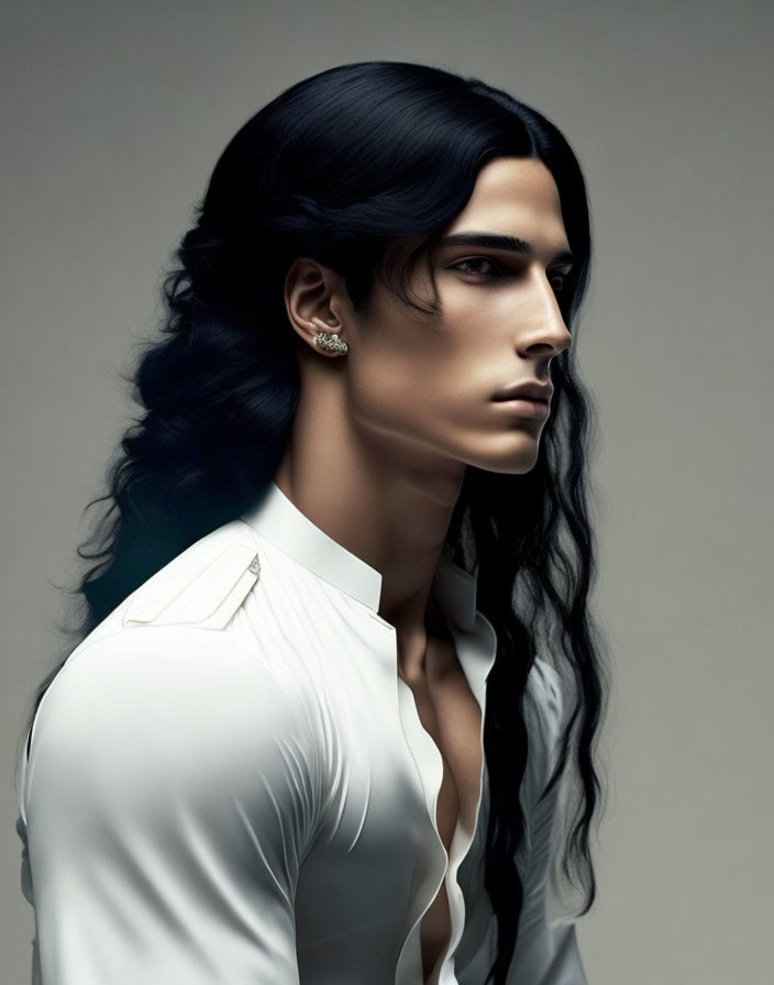 Portrait of a Person with Long Dark Hair and Earring in White Shirt