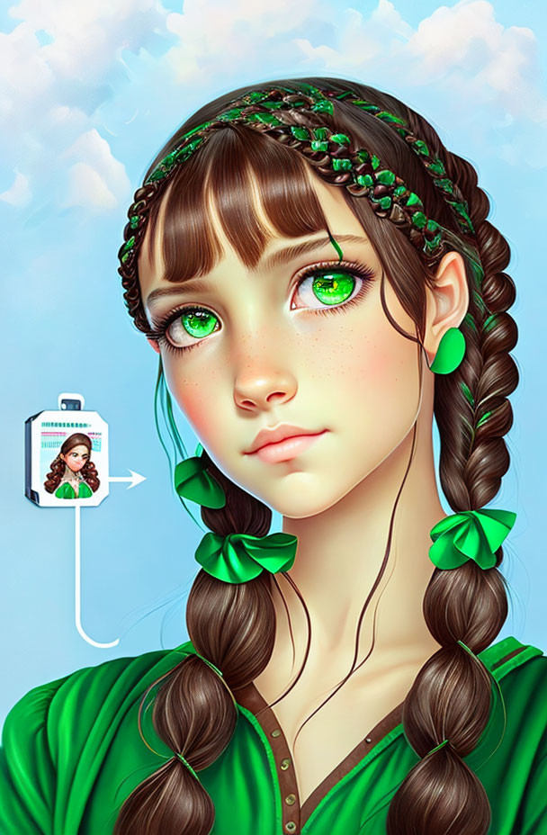 Digital illustration of girl with green eyes and braids, linked to portrait icon by arrow