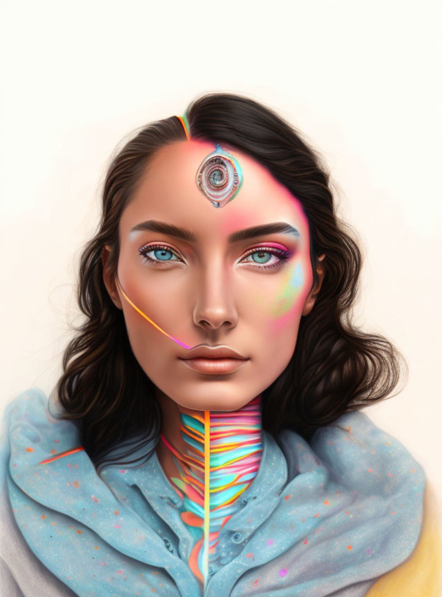 Vibrant digital artwork: woman with third eye, colorful face paint, and neck tendrils