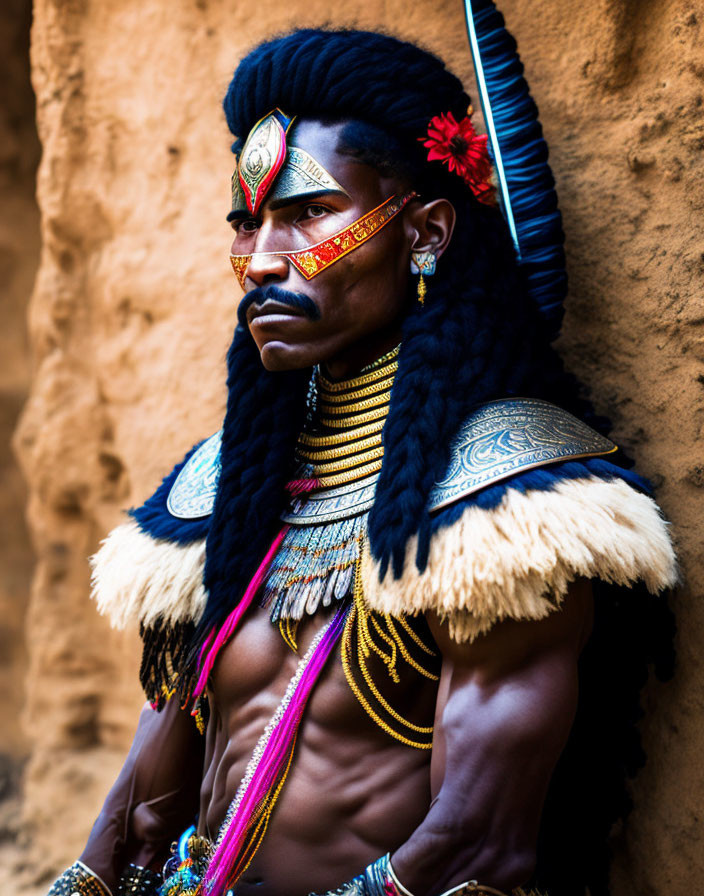 African warrior in traditional attire with face paint