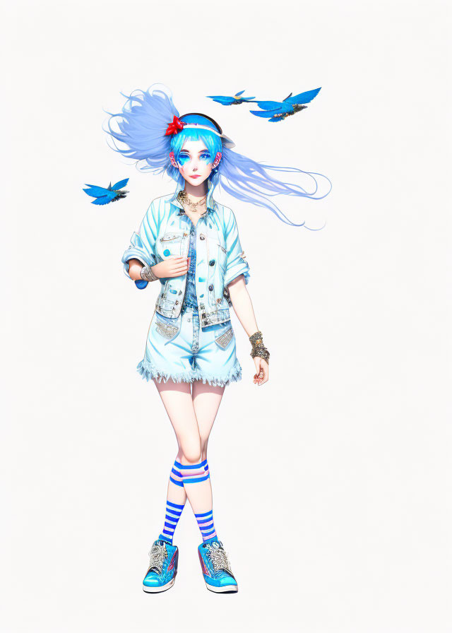 Vibrant blue-haired woman in denim outfit with bluebirds on white background