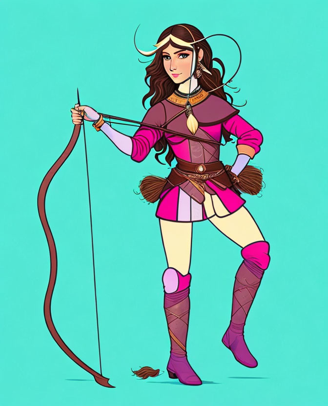 Brown-haired female archer in purple outfit with bow and arrow on teal background