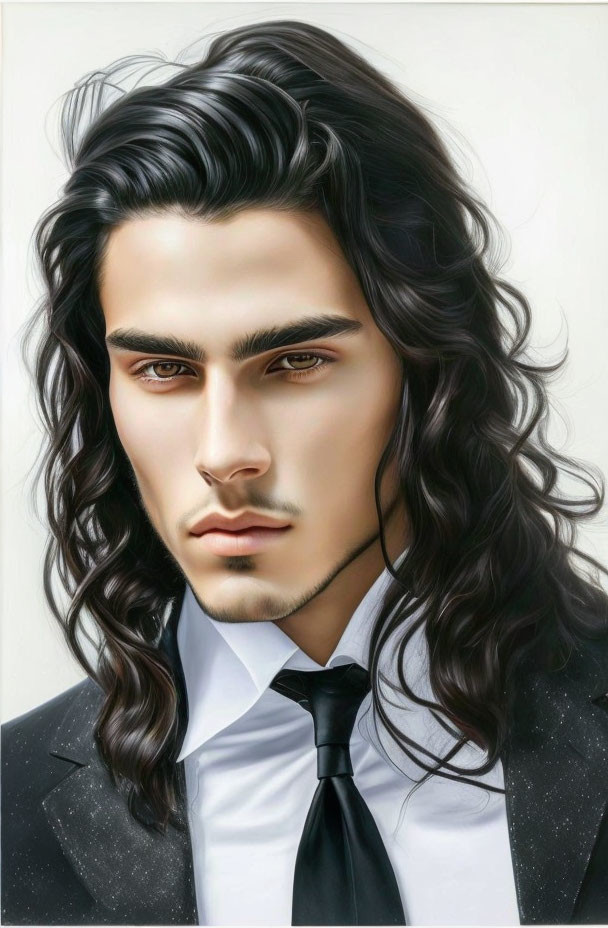 Digital Art: Brooding man with long black hair in suit & tie