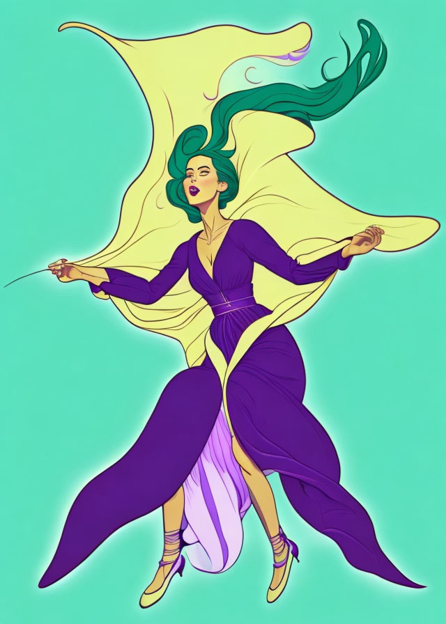 Dynamic Pose of Animated Woman with Green Hair and Purple Attire