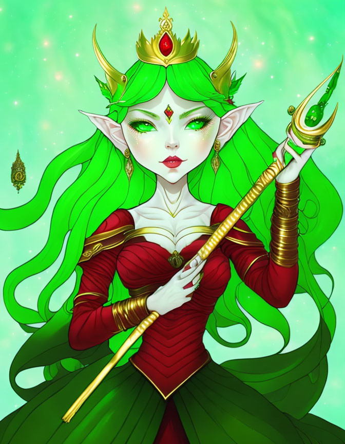 Green-haired elf in red and gold outfit with magical spear on sparkling green backdrop