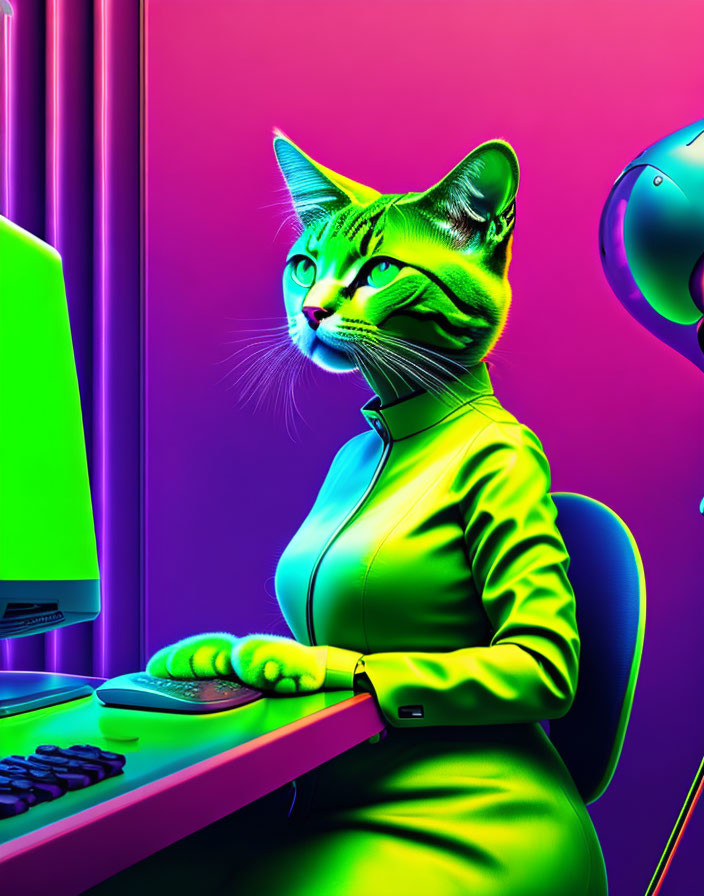 Colorful digital artwork: anthropomorphic cat in green suit at computer