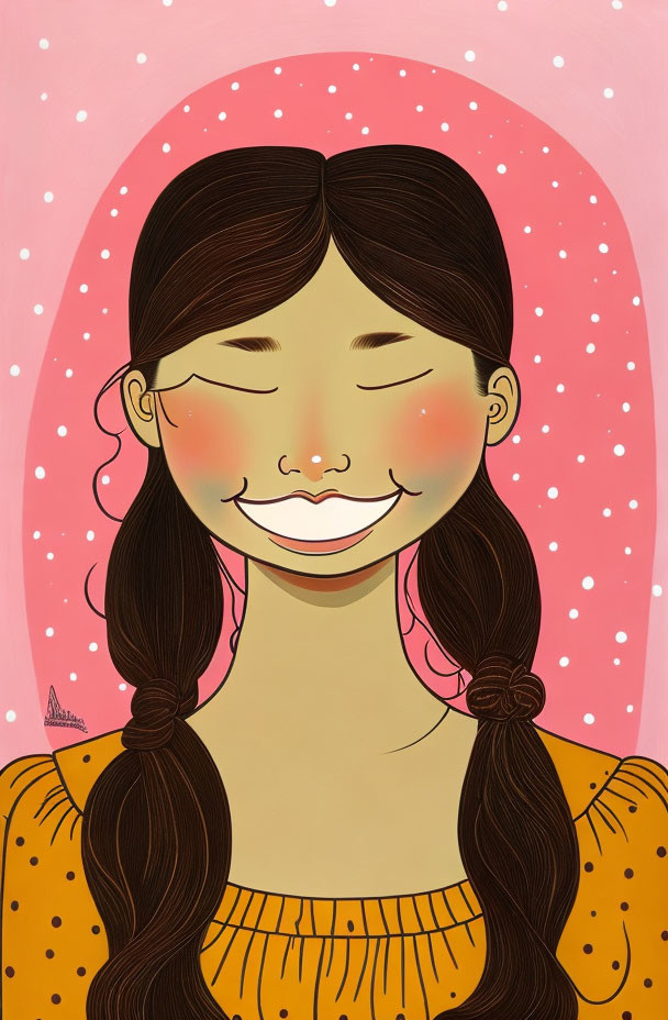 Smiling girl with braided hair in yellow dress on pink background