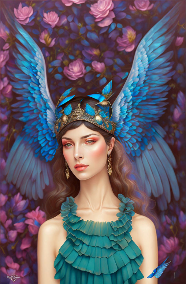 Woman with Blue Feathered Wings, Headdress, and Necklace Surrounded by Flowers