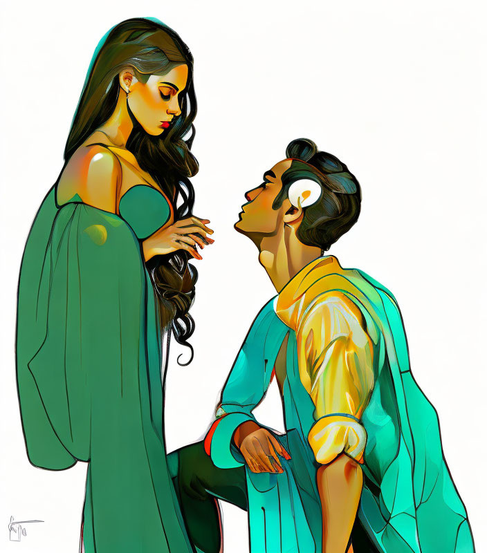 Colorful Stylized Illustration of Man and Woman with Headphones and Green Dress