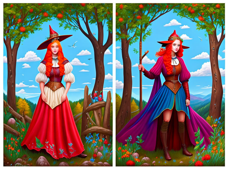 Red-haired sorceress in red outfit and blue outfit in fantasy illustrations