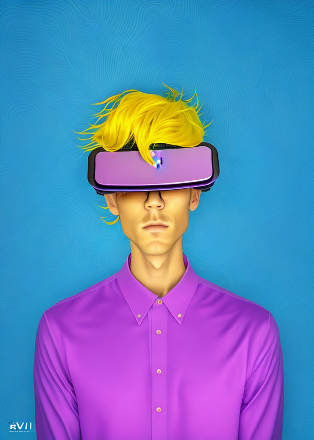 Illustration of person with yellow hair in VR headset on blue background