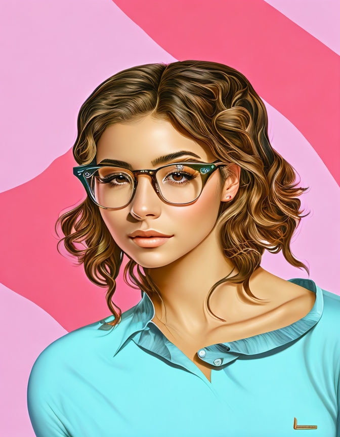 Young woman with wavy hair and glasses on striped background.