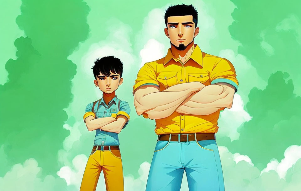 Two male animated characters in casual wear against green cloudy background