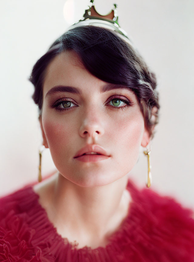 Portrait of woman with green eyes, crown, drop earrings, and red garment.