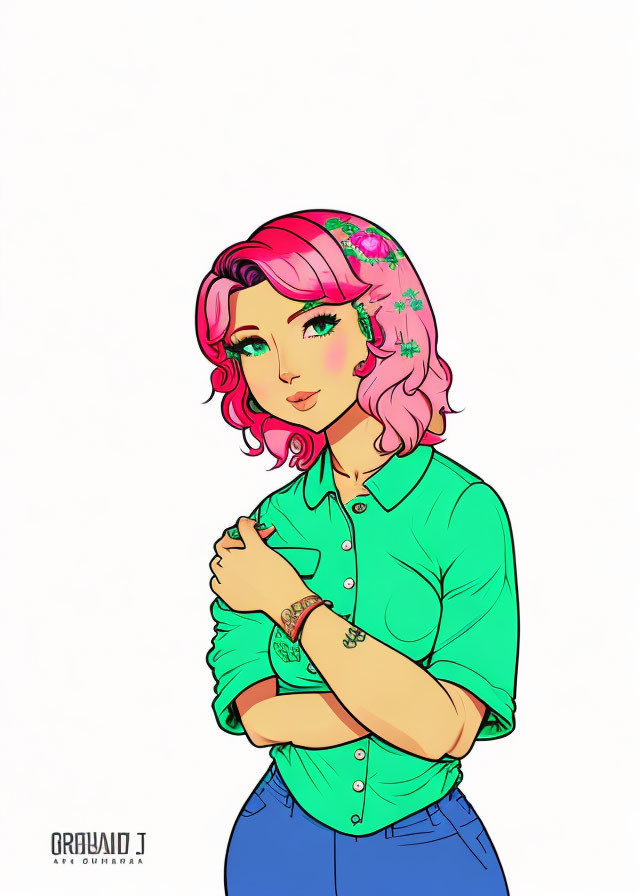 Person with Pink Hair and Green Shirt in Floral Pattern Illustration