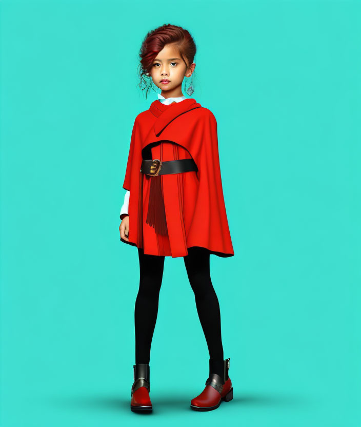 Young girl in stylish red outfit on teal background